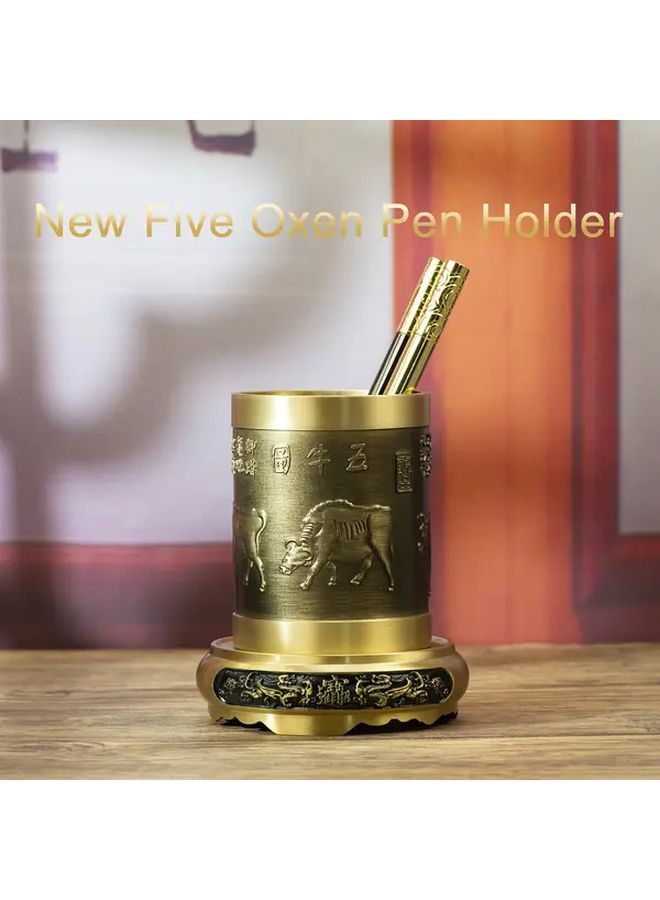Five Oxen Brass Pen Holder Vintage Design 2 76 Inch Diameter Office Desk Decor Gift - Image 1